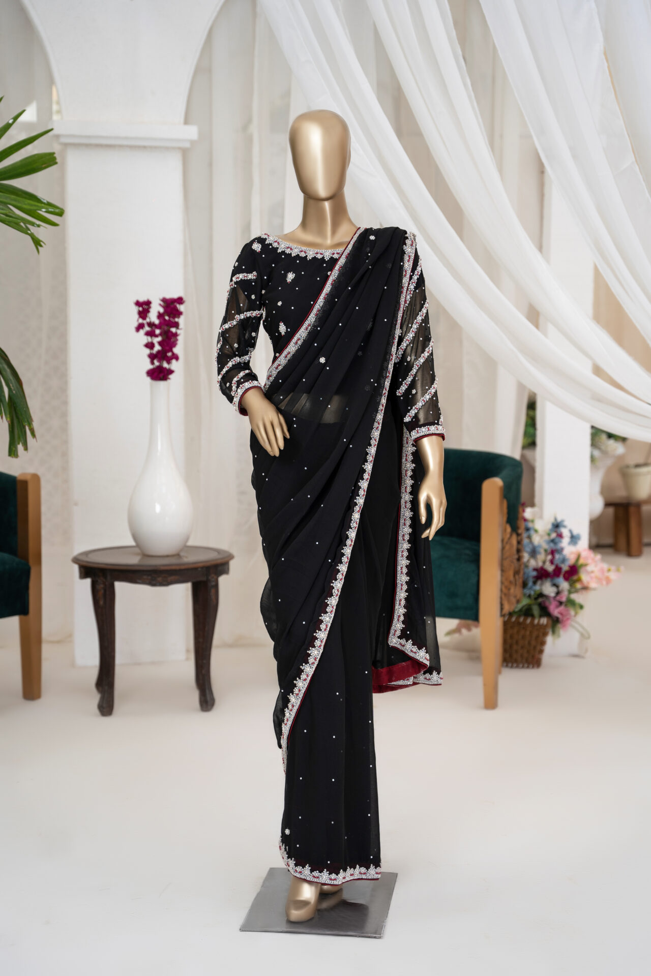 Black Silver Zari Micro Pleated Work Saree