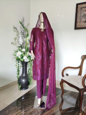 Lilac Color Silver Handwork Coti Style Frock On Chiffon - Pink Leaf